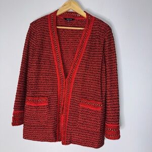 Misook Cardigan Womens‎ XL Petite Red Sweater Open Jacket Holiday Gold Tweed